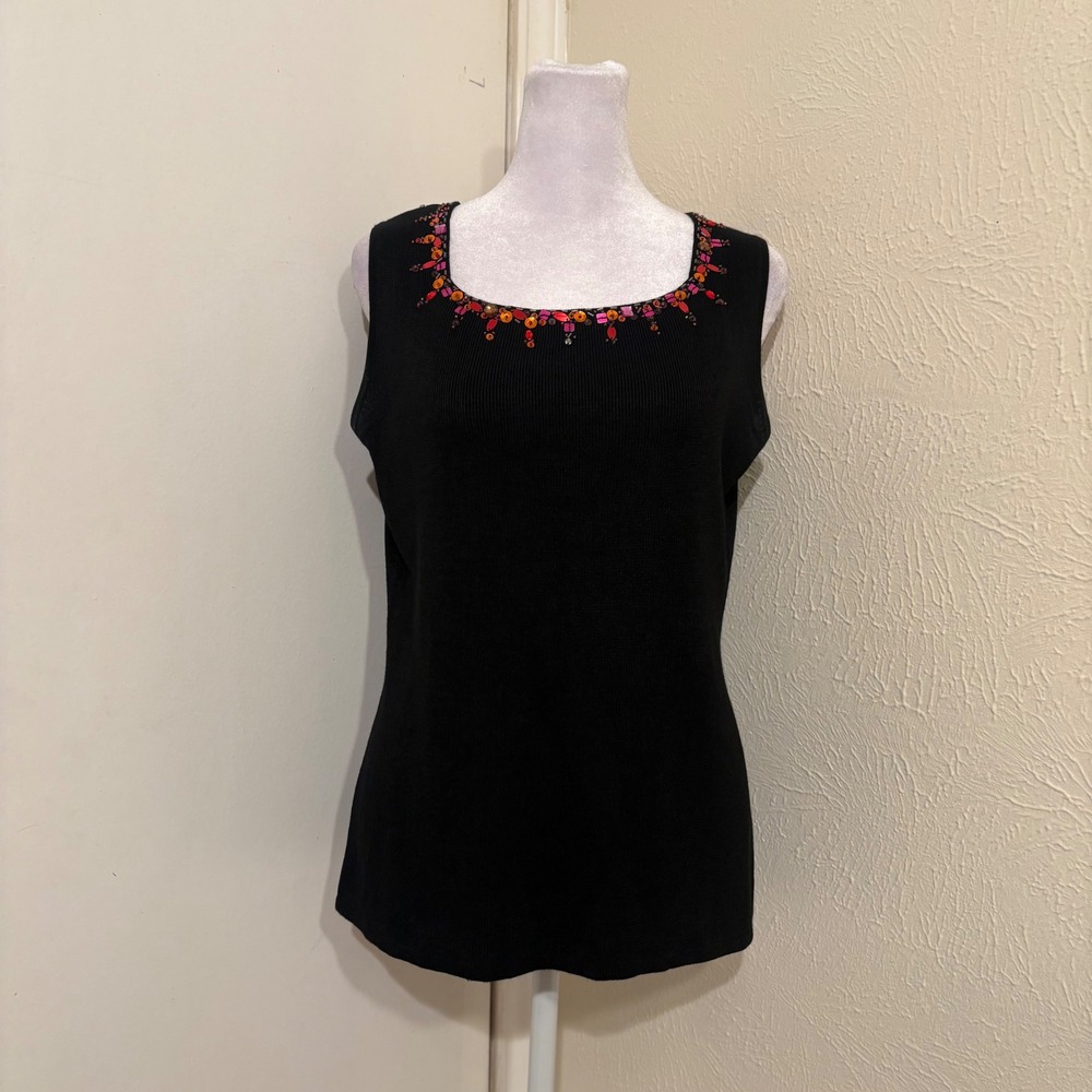 Black Sleeveless Square Neck Tank Top Warm Tone Red Orange Sequins Retro 70s S